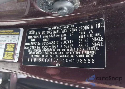 2012 Kia Sorento Lx from USA, damaged, VIN 5XYKT3A61CG198588